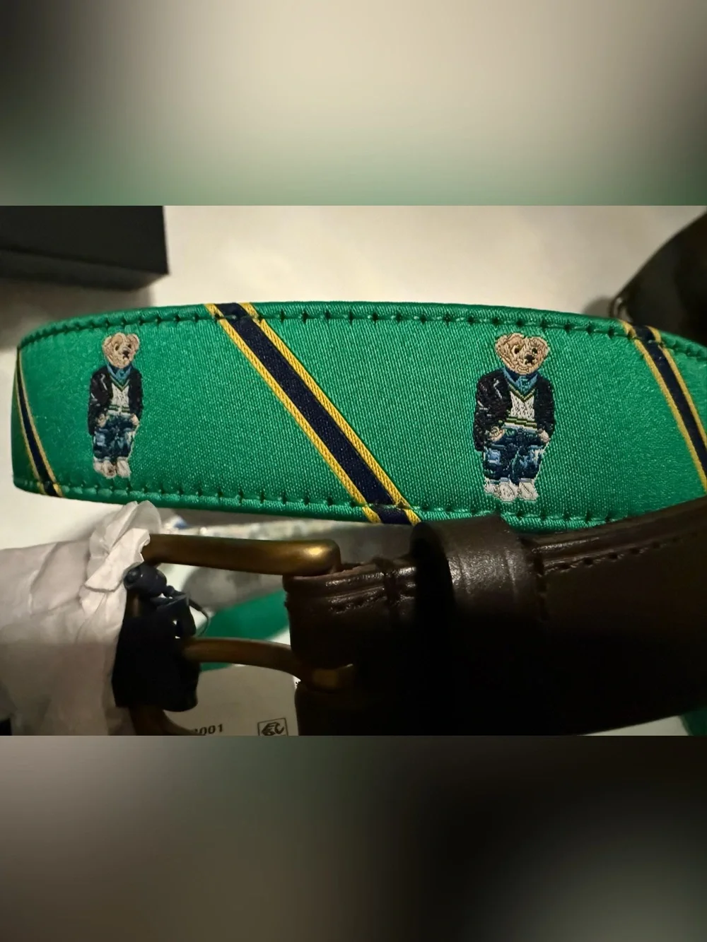 Polo Ralph Lauren Polo Bear Ribbon Leather Belt Green Brown NWT Men’s Size 38
